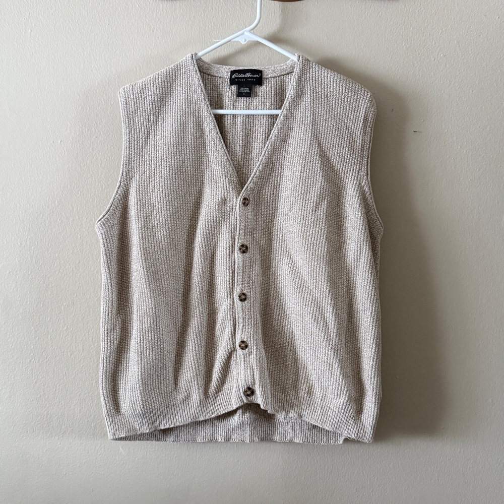Vintage 90s Eddie Bauer 100% Cotton Knit Ribbed Sweater Vest Oatmeal Size L